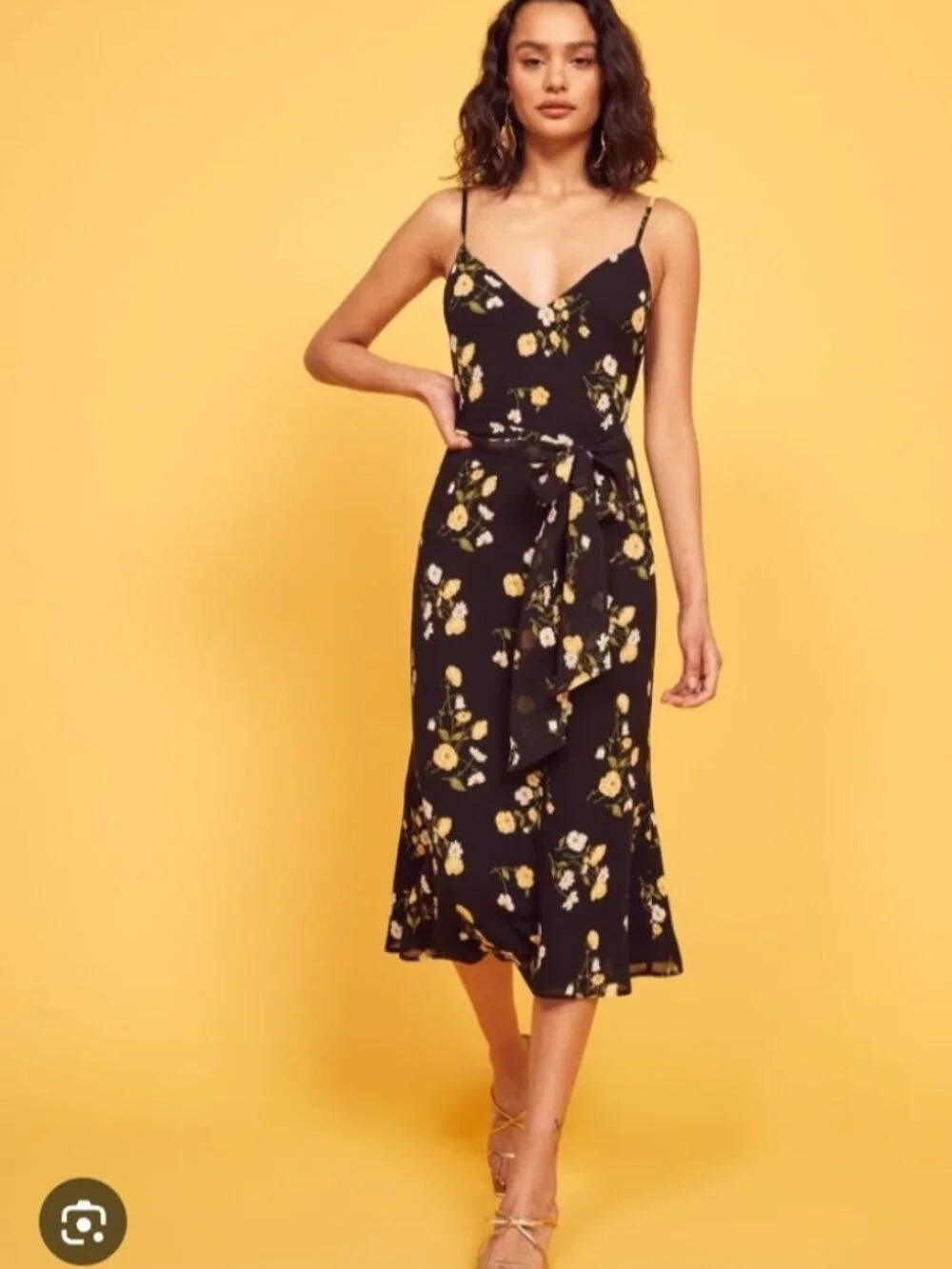 Reformation Dietrich Black Yellow Floral Dress Midi Flare Skirt Open Back Large - Picture 5 of 12